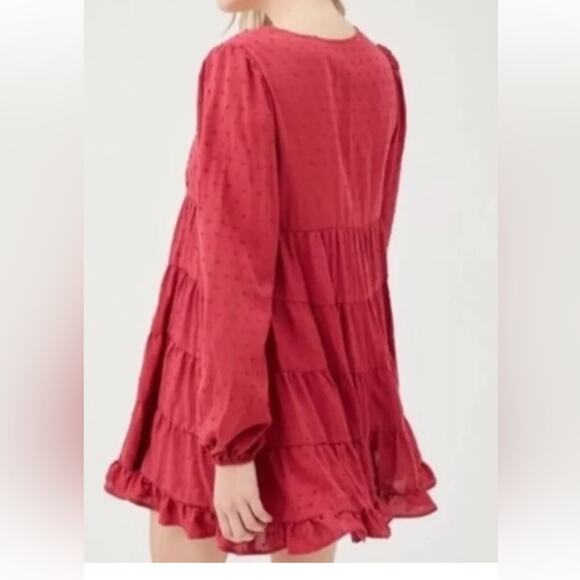 URBAN OUTFITTERS Textured Long Sleeve Frocked Mini Boho Dress Women’s Sz XS red - Picture 2 of 6
